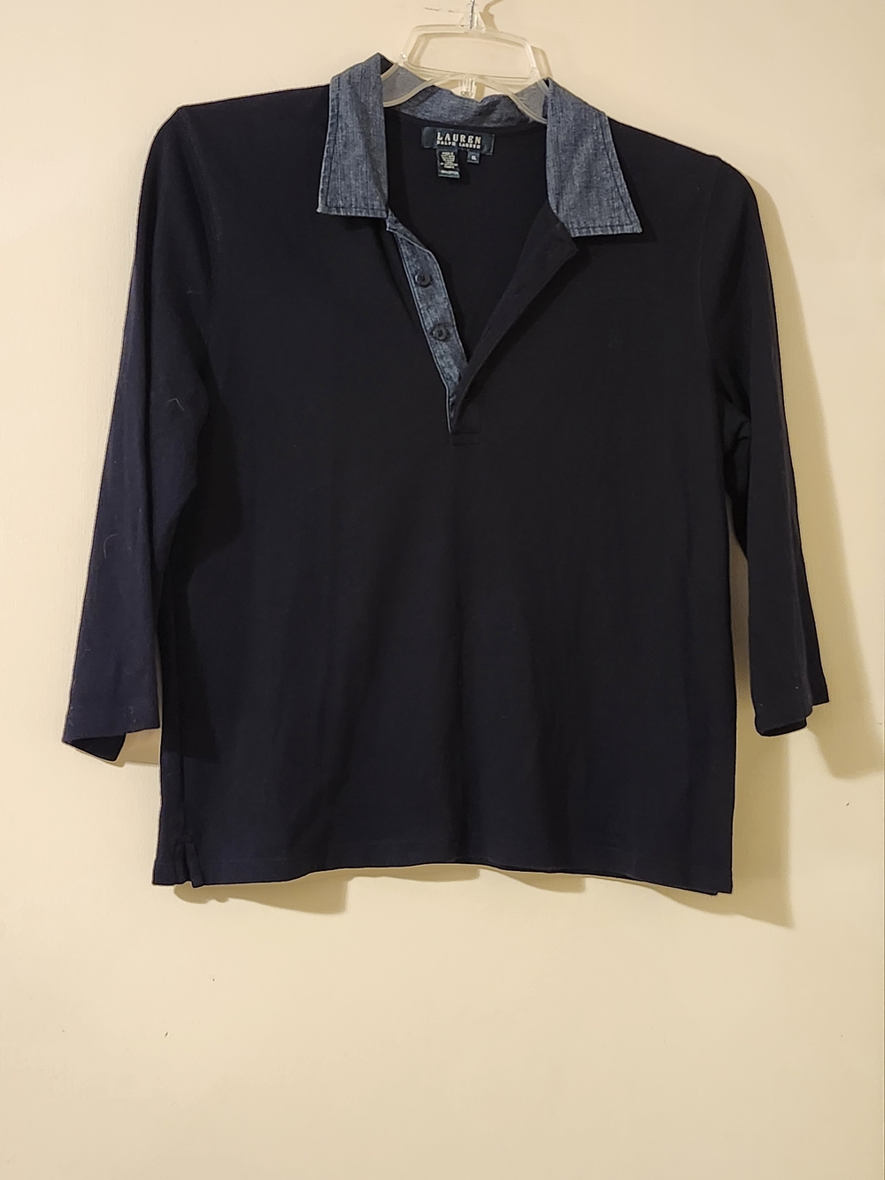 Lauren Ralph Lauren Preppy Classic Navy Polo with Chambray Collar 3/4 Sleeves XL